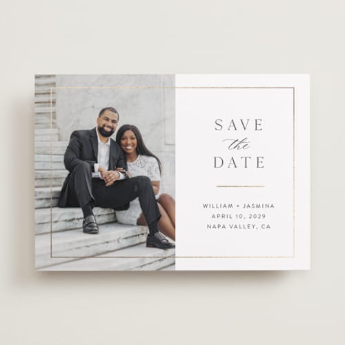 This is a cloud foil stamped save the date cards with foil pressed by Christie Garcia called classico printing on recycled smooth signature in standard