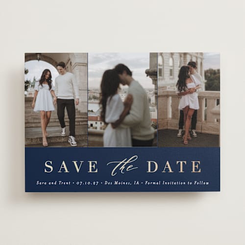 This is a navy foil stamped save the date cards with foil pressed by Andrea Cernin called minimal elegance printing on recycled smooth signature in standard