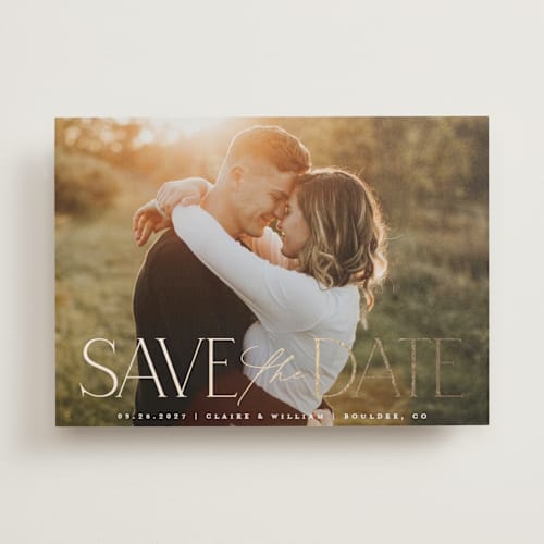 This is a cotton foil stamped save the date cards with foil pressed by Robert and Stella called brighton printing on recycled smooth signature in standard