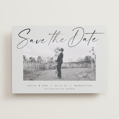 This is a ash foil stamped save the date cards with foil pressed by AK Graphics called flash dance printing on recycled smooth signature in standard
