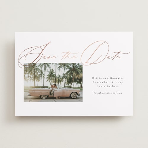 This is a lace foil stamped save the date cards with foil pressed by frau brandt called eternal printing on recycled smooth signature in standard