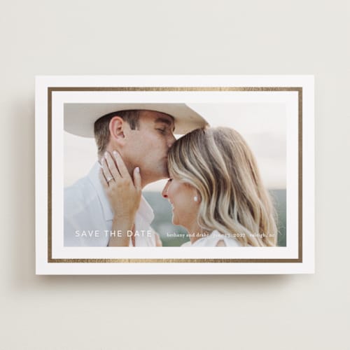 This is a cloud foil stamped save the date cards with foil pressed by Stacey Meacham called simple grace printing on recycled smooth signature in standard