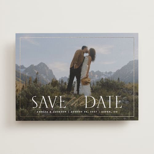 This is a diamond foil stamped save the date cards with foil pressed by Meggy Masters called grandiose printing on recycled smooth signature in standard