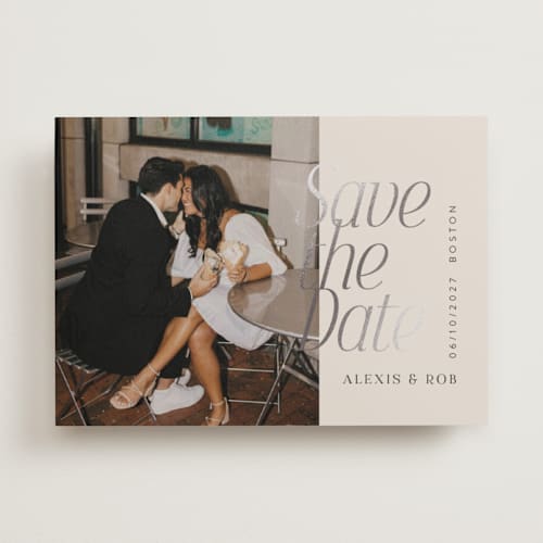 This is a ecru foil stamped save the date cards with foil pressed by 2birdstone called metropolitan printing on recycled smooth signature in standard