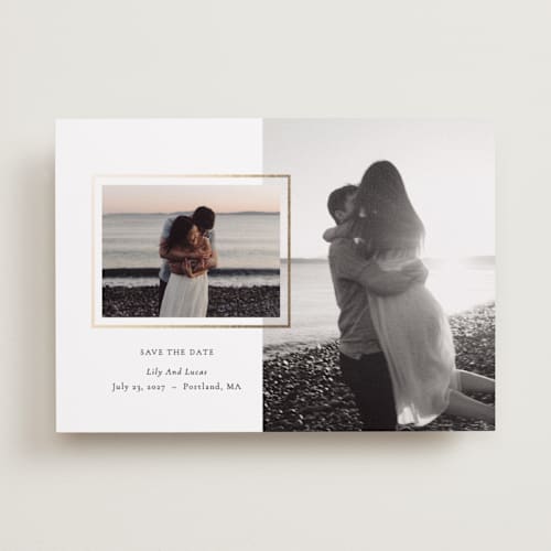 This is a snow foil stamped save the date cards with foil pressed by Sara Hicks Malone called picture printing on recycled smooth signature in standard