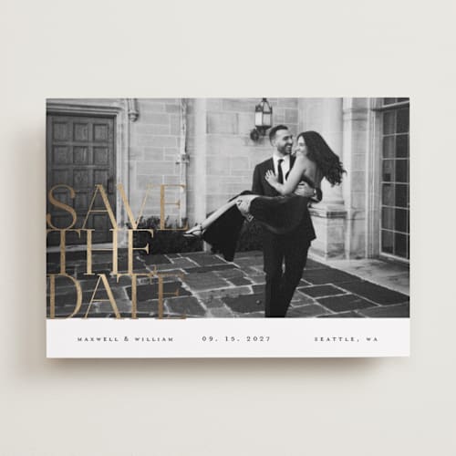 This is a pearl foil stamped save the date cards with foil pressed by Ana de Sousa called editorial lettering printing on recycled smooth signature in standard