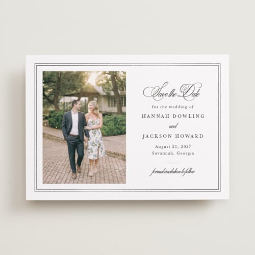 This is a snow foil stamped save the date cards with foil pressed by Sarah Brown called traditionally printing on recycled smooth signature in standard