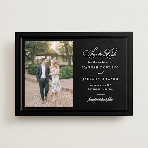 This is a caviar foil stamped save the date cards with foil pressed by Sarah Brown called traditionally printing on recycled smooth signature in standard