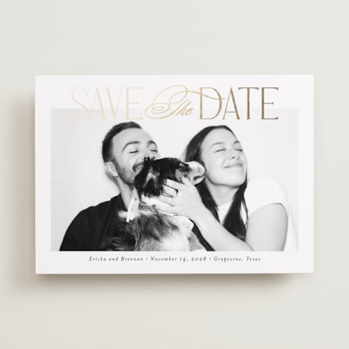 This is a sugar foil stamped save the date cards with foil pressed by Jessica Williams called delighted printing on recycled smooth signature in standard