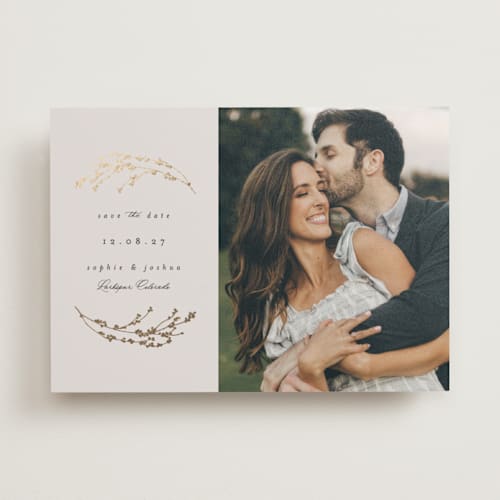This is a cream foil stamped save the date cards with foil pressed by Gwen Bedat called foliage nest printing on recycled smooth signature in standard