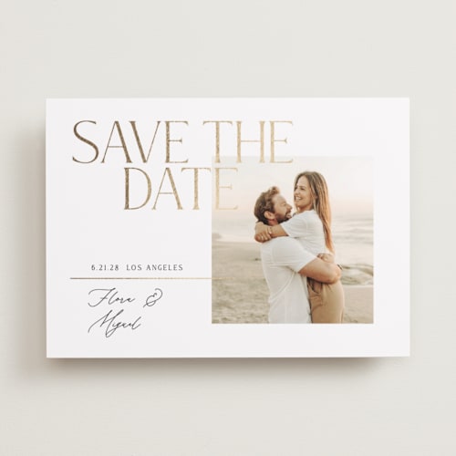 This is a coconut foil stamped save the date cards with foil pressed by Susan Zinader called delicate headline printing on recycled smooth signature in standard