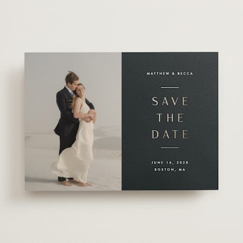 This is a charcoal foil stamped save the date cards with foil pressed by Stacey Meacham called subtle elegance printing on recycled smooth signature in standard