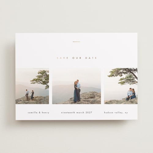This is a iron foil stamped save the date cards with foil pressed by Blustery August called inspire printing on recycled smooth signature in standard