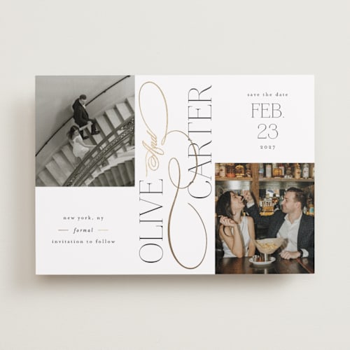 This is a cloud foil stamped save the date cards with foil pressed by Ashlee Townsend called lovely printing on recycled smooth signature in standard