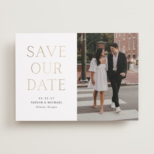 This is a cotton foil stamped save the date cards with foil pressed by Vanessa Doyle called soon to wed printing on recycled smooth signature in standard