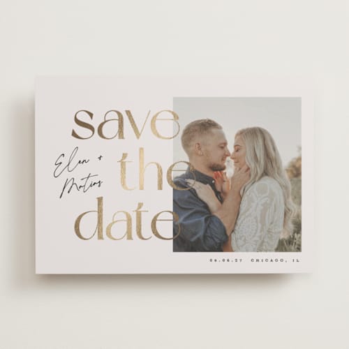 This is a cloud foil stamped save the date cards with foil pressed by Pati Cascino called enfold printing on recycled smooth signature in standard