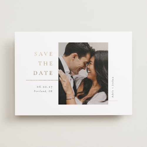 This is a diamond foil stamped save the date cards with foil pressed by Meggy Masters called underlined printing on recycled smooth signature in standard