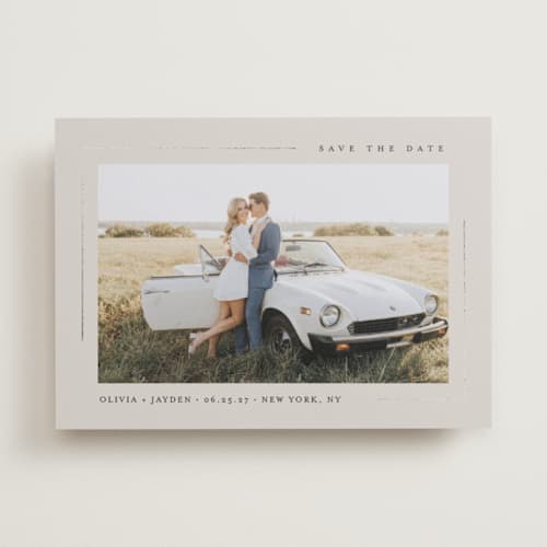 This is a tea foil stamped save the date cards with foil pressed by Christy Hy Lee called clean lines printing on recycled smooth signature in standard