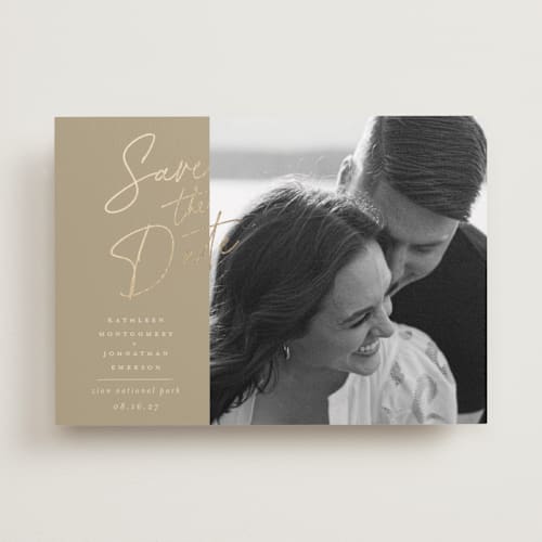 This is a cashmere foil stamped save the date cards with foil pressed by Wildfield Paper Co called zion printing on recycled smooth signature in standard