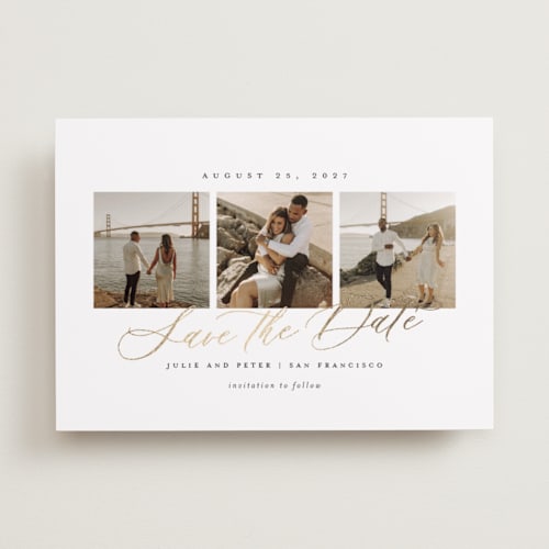 This is a pearl foil stamped save the date cards with foil pressed by Sarah Brown called topside printing on recycled smooth signature in standard