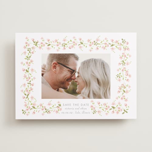 This is a peony save the date with standard by Baumbirdy called rosebud printing on recycled smooth signature in standard