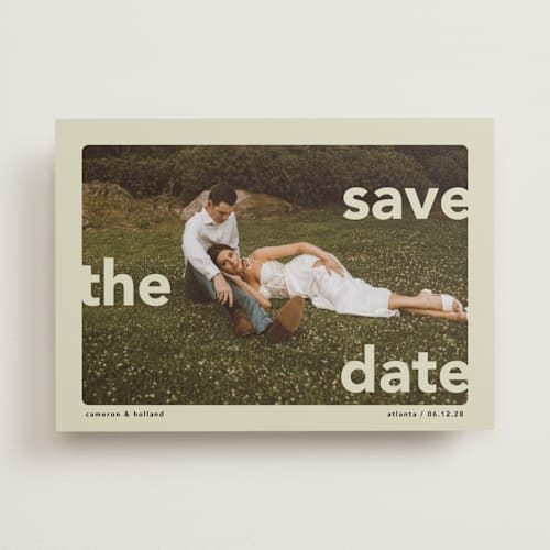 This is a mint save the date with standard by Lori Wemple called save.the.date printing on recycled smooth signature in standard