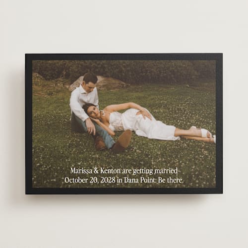 This is a coal save the date with standard by Becky Nimoy called black border printing on recycled smooth signature in standard