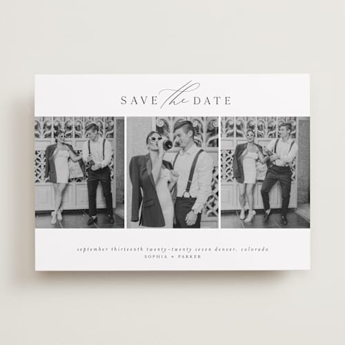 This is a dusk save the date with standard by Grace Kreinbrink called scripted multi printing on recycled smooth signature in standard