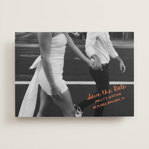This is a tangerine save the date with standard by Jelena Vuletic called imprint printing on recycled smooth signature in standard