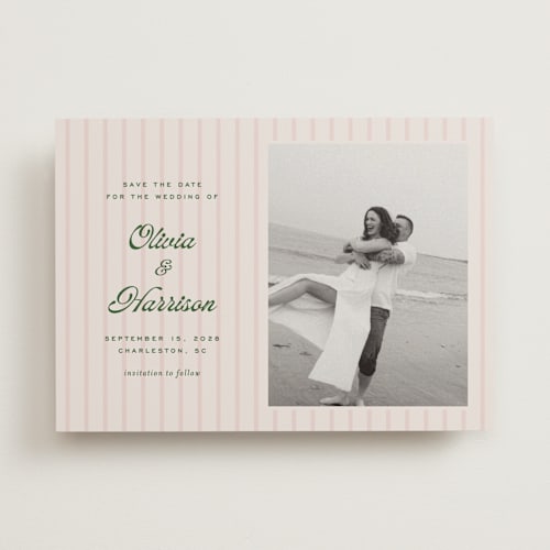 This is a blush save the date with standard by Ellen Schlegelmilch called harrison printing on recycled smooth signature in standard