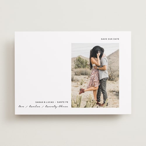 This is a snow save the date with standard by Susan Brown called modern mood printing on recycled smooth signature in standard