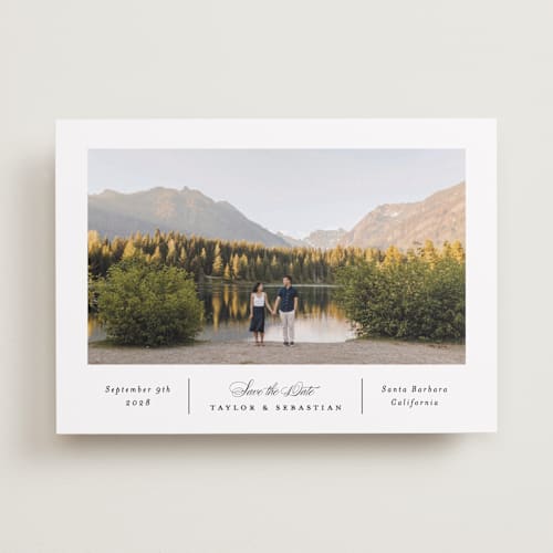 This is a alabaster save the date with standard by Erica Krystek called simple columns printing on recycled smooth signature in standard