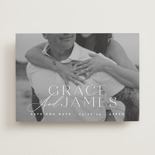 This is a snow save the date with standard by Angela Thompson called namesake printing on recycled smooth signature in standard