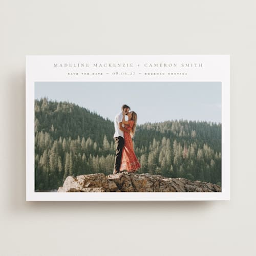 This is a eucalyptus save the date with standard by Wildfield Paper Co called lake printing on recycled smooth signature in standard