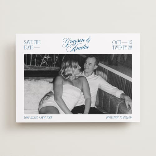 This is a lake save the date with standard by Robert and Stella called opening credits printing on recycled smooth signature in standard
