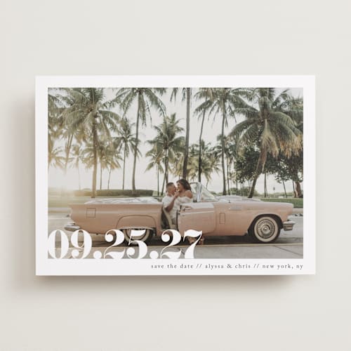 This is a linen save the date with standard by Ashley Cuccio called malibu dreams printing on recycled smooth signature in 5x7