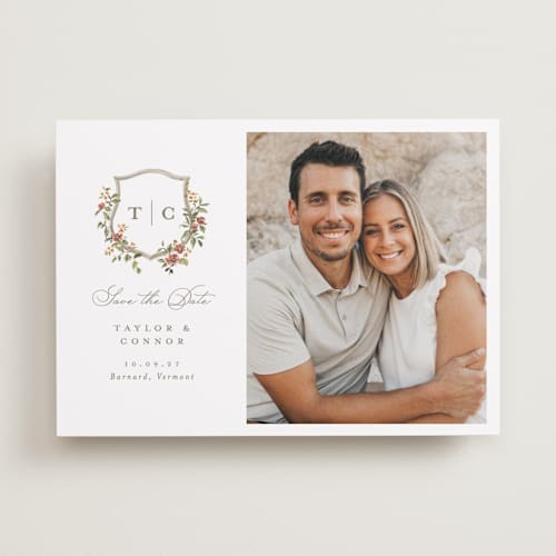 This is a mulberry save the date with standard by Everett Paper Goods called foliage crest printing on recycled smooth signature in standard