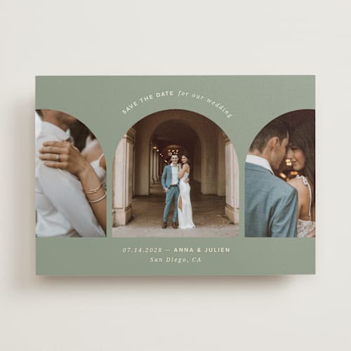 This is a sage save the date with standard by Kristin Oliversen called pure elegance printing on recycled smooth signature in standard