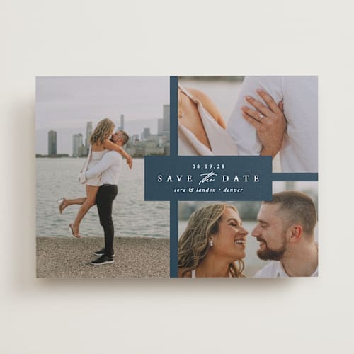 This is a navy save the date with standard by Brianne Larsen called classic date printing on recycled smooth signature in standard