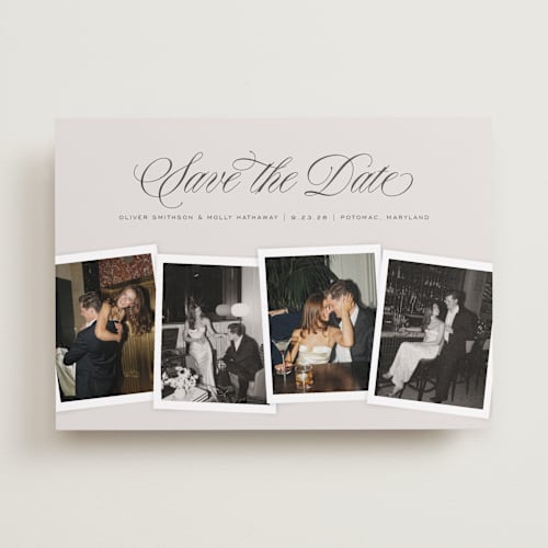 This is a creme save the date with standard by Erin L. Wilson called simple snapshots printing on recycled smooth signature in standard