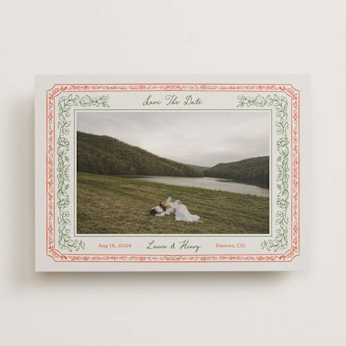 This is a vintage save the date with standard by Elly called romantic floral printing on recycled smooth signature in standard