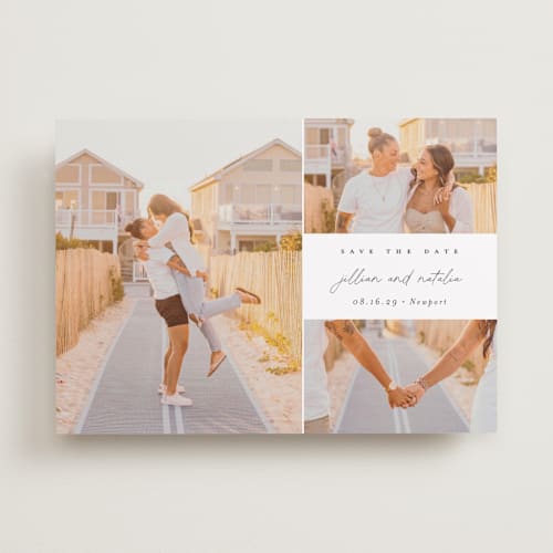 This is a sugar save the date with standard by Jessica Williams called casual elegance printing on recycled smooth signature in standard