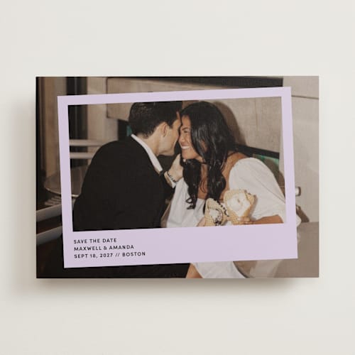 This is a lavender save the date with standard by Inkblot Design called album printing on recycled smooth signature in standard