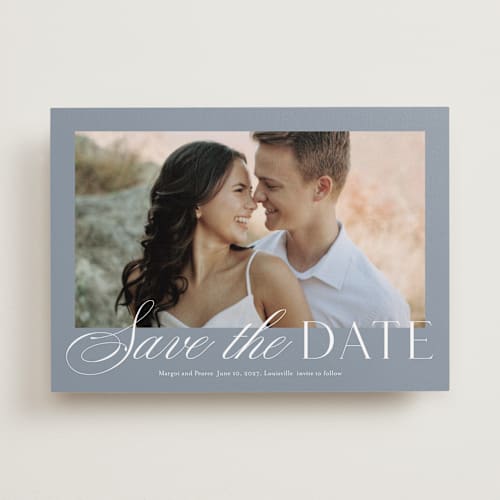 This is a french blue save the date with standard by Stacey Meacham called classic manor printing on recycled smooth signature in standard