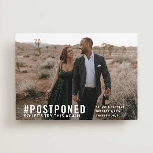 This is a pearl save the date with standard by Jennifer Lew called free drinks printing on recycled smooth signature in standard
