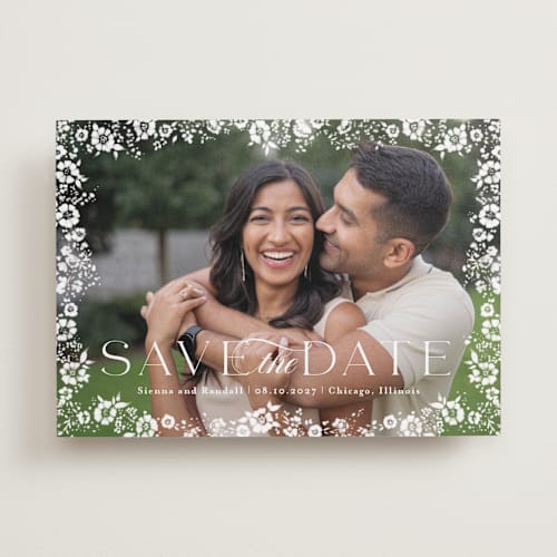 This is a snow save the date with standard by Angela Marzuki called meander printing on recycled smooth signature in standard