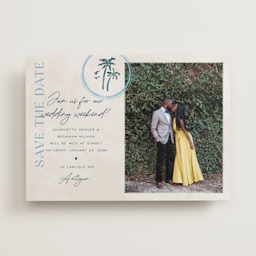 This is a frond save the date with standard by Pixel and Hank called coastal drift printing on recycled smooth signature in standard