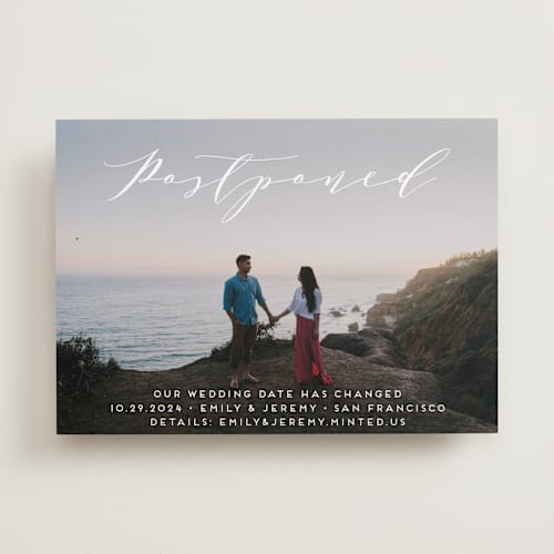 This is a snow save the date with standard by Alexandra Dzh called modern elegance printing on recycled smooth signature in standard