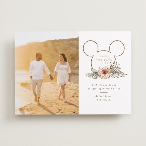 This is a earth save the date with standard by Shiny Penny Studio called disney's mickey mouse tropical  frame printing on recycled smooth signature in standard