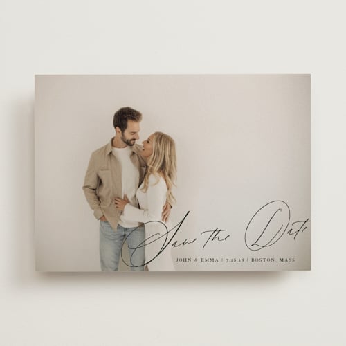 This is a inked save the date with standard by Design Lotus called symphony us printing on recycled smooth signature in standard